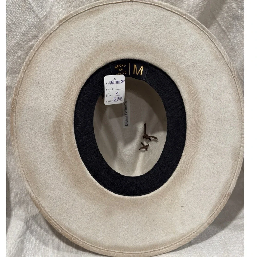 Divine Babe Co Still The One Wide Brim Fedora Hat Cream Floral Burned Feather M